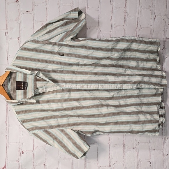 PRANA Striped Diamond Pattern Short Sleeve Button Down Shirt Mens Size XL - Picture 1 of 9